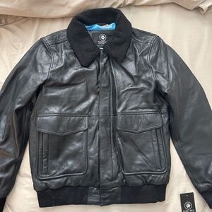 Black Leather Aviator Jacket (Men’s L) – Shearling Collar, Map-Print Lining